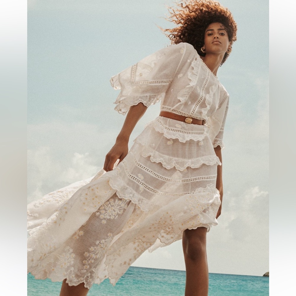 Zimmermann Acacia Tiered Embroidered Eyelet Yellow Flower Cream Midi Dress NEW - Picture 3 of 16